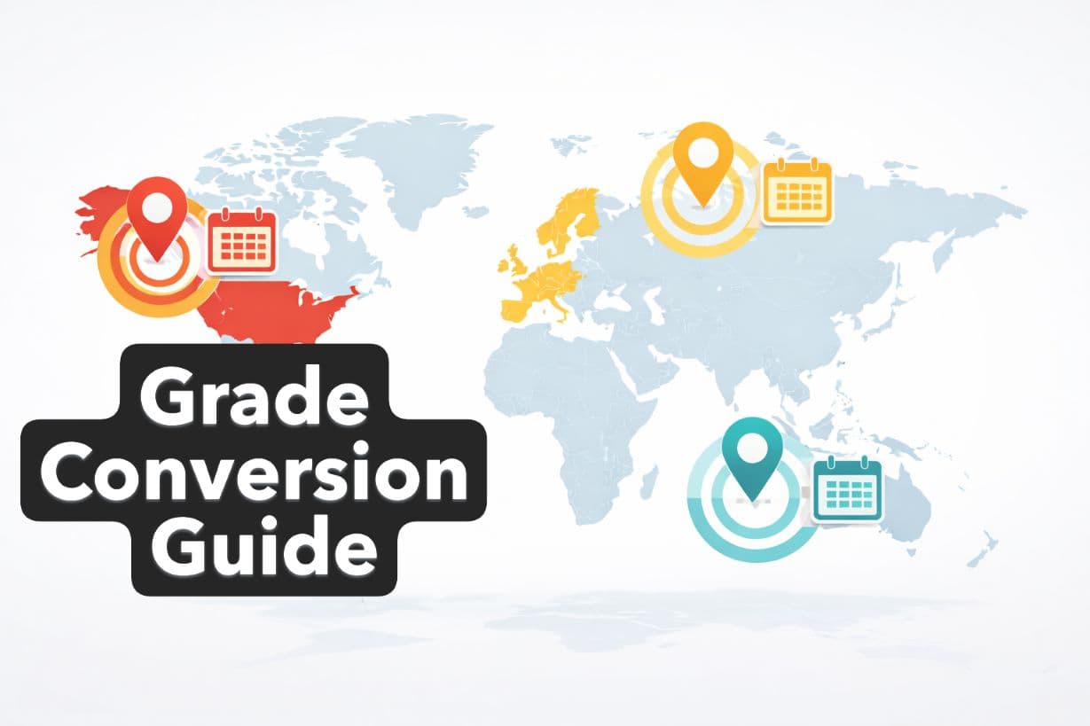 World map illustration showing international grade symbols converting to US GPA scale