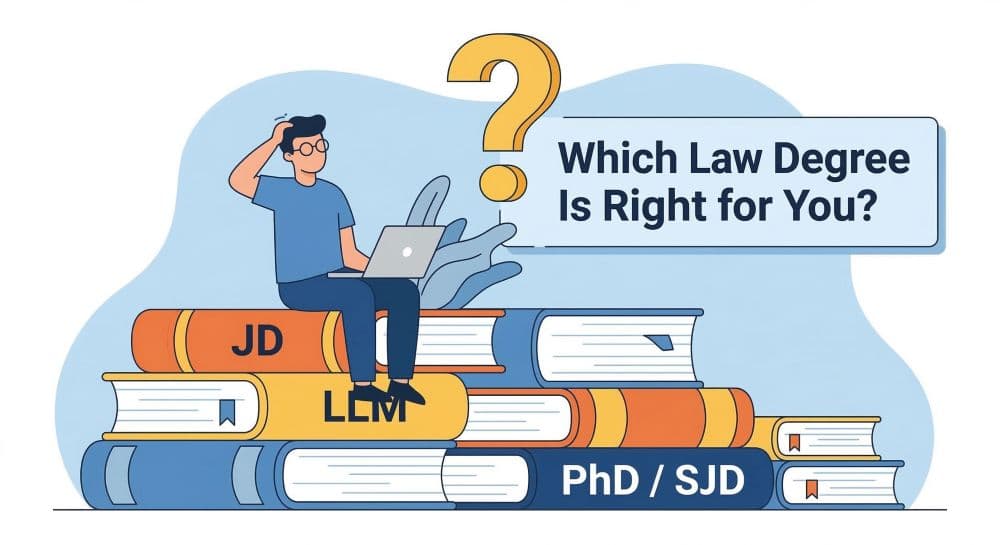 Law library with legal books and documents representing different law degree pathways