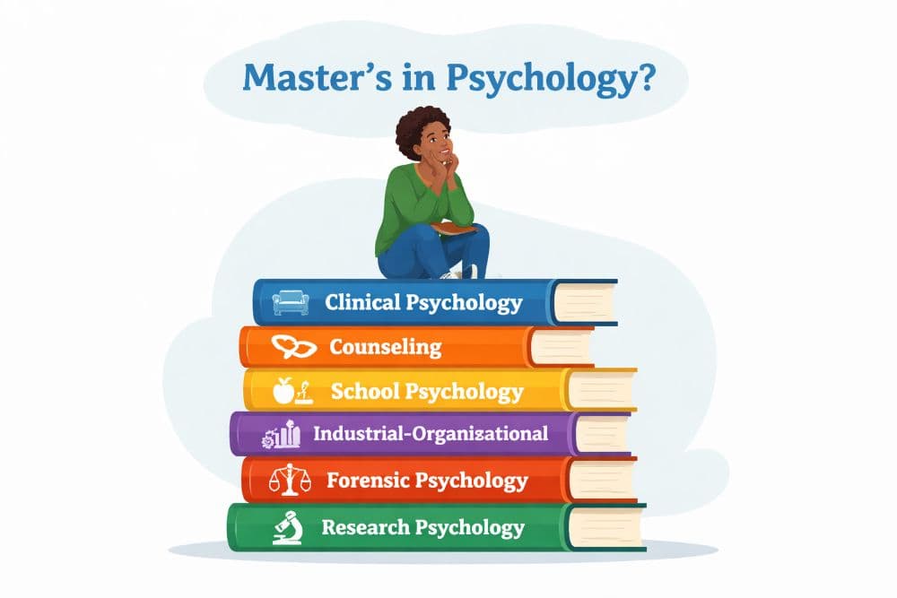 Graduate psychology student studying in a university library, surrounded by research materials