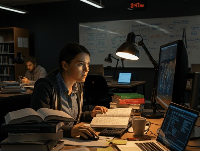 A doctoral student reviewing research materials in the middle of the night