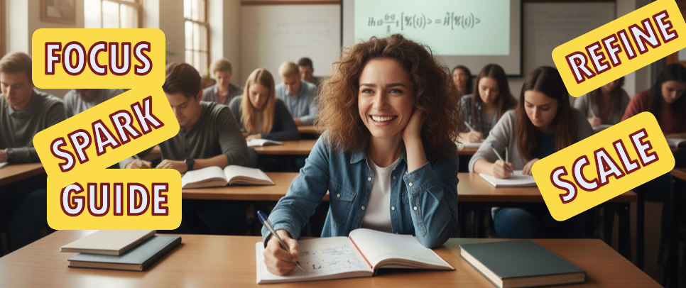 Excited student surrounded by AI framework word cloud