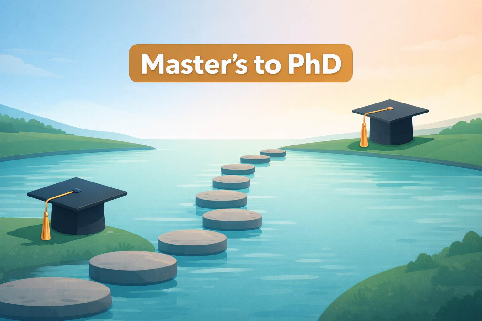 Minimalist illustration of stepping stones crossing a calm river from a master’s graduation cap on the near shore to a PhD graduation cap on the far shore, under a gradient sky shifting from morning to afternoon, with the text “Master’s to PhD” displayed in a rounded yellow label above the path