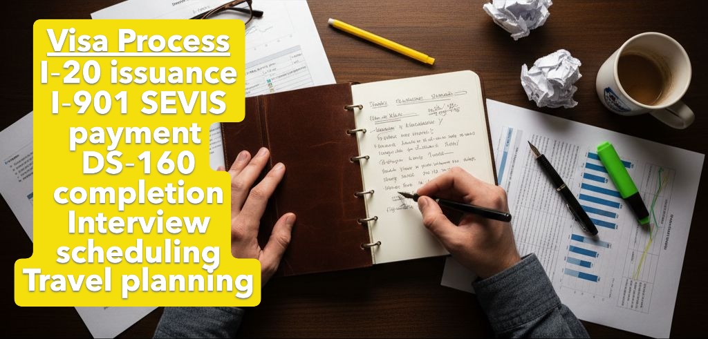 F‑1 visa preparation steps: I‑20 issuance, I‑901 SEVIS payment, DS‑160 completion, interview scheduling, and travel planning