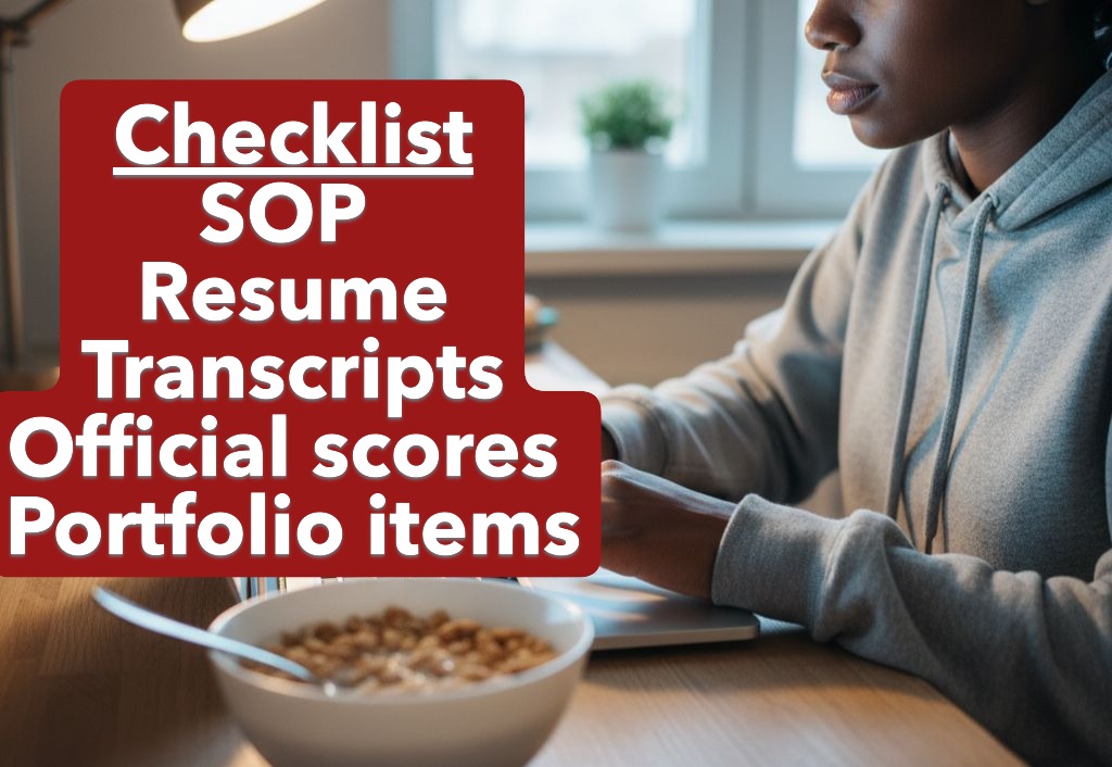 Application materials checklist: SOP, resume, transcripts, official scores, and portfolio items prepared 6–9 months out
