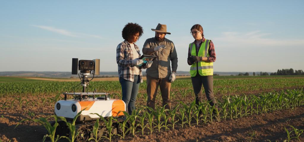 A diverse team of agricultural scientists and engineers collaborating in a field, analyzing data on a tablet next to a farm robot.
