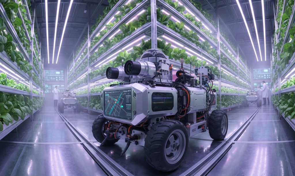 An autonomous ground rover with multiple sensors navigating the aisle between rows of plants inside a high-tech greenhouse.