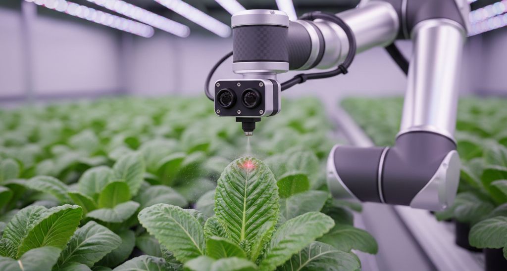 A detailed photo of a robotic arm using a sensor to analyze a single green leaf on a plant in a smart farm.